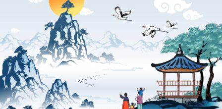 Beautiful Korea, new year sunrise and natural scenery, family wearing traditional hanbok, Korean traditional painting vector illustration.